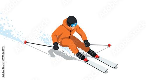 Isometric skiing adventure orangeclad skier on snowy slope