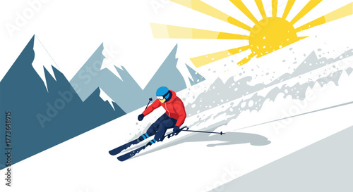 Dynamic alpine skiing adventure in vibrant winter mountains with bright sunburst