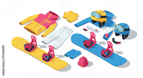 Colorful winter sports gear set featuring snowboards and accessories in isometric design
