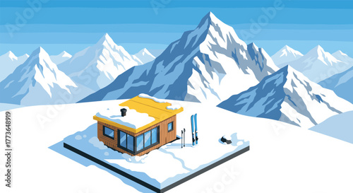 Cozy mountain chalet with skis amidst snowy peaks in isometric 3d art style