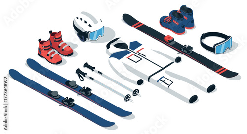Essential isometric skiing equipment set featuring skis, boots, helmet, and goggles