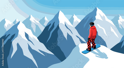 Snowboarder in red outfit descending bluetinted mountain peaks in flat design style