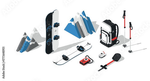 Winter sports equipment isometric set with mountains snowboarding and hiking gear