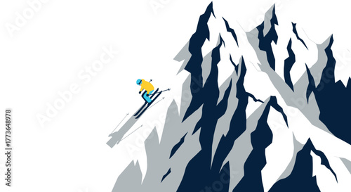 Dynamic skier descending steep snowy mountain in minimalist style