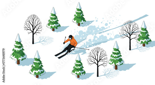 Isometric winter scene with skier gliding through snowy pine forest