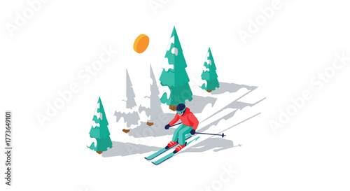 Colorful isometric winter skiing scene with snowy trees