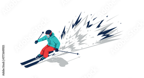 Dynamic skiing adventure with skier in motion and snow spray