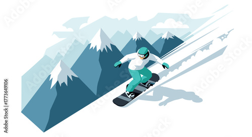 Snowboarder gliding down snowy mountain in dynamic isometric style with dramatic shadows