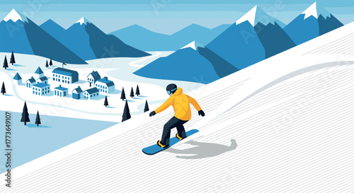 Snowboarder descending mountain slope near scenic alpine village in winter