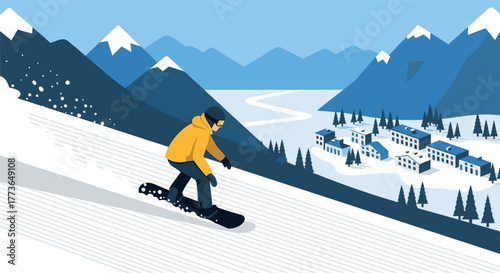 Snowboarder in yellow jacket descending snowy mountain with village and scenic landscape