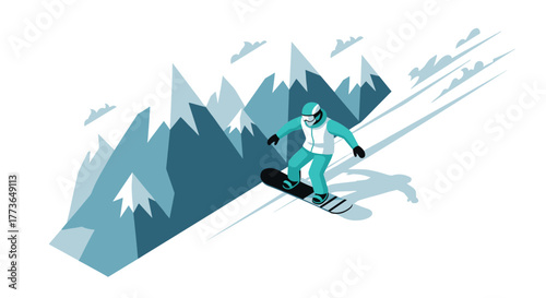 Snowboarder gliding down icy mountain slope in stylish winter gear