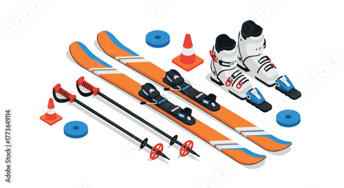 Isometric winter sports equipment with skis, boots, and accessories
