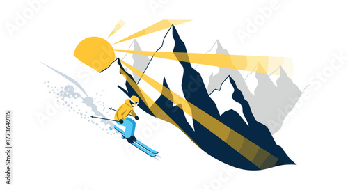 Dynamic skier descending sunlit mountain slope in modern art style