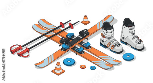 Isometric ski equipment set with orange and blue skis, boots, and poles on white background