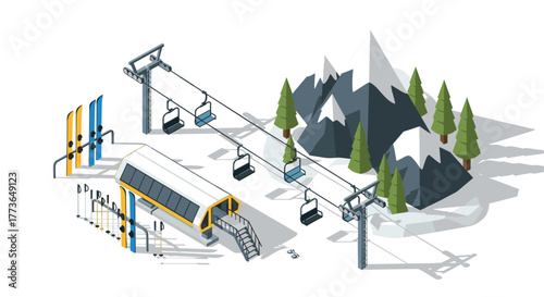 Isometric winter ski resort with cable car, snowy mountains, and ski equipment