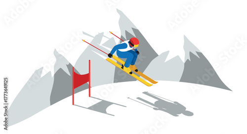 Isometric skiing adventure with skier jumping down mountain slope