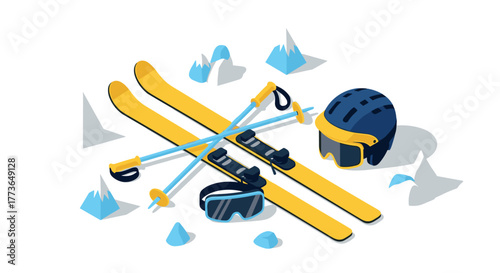 Stylish winter sports equipment on mountainous terrain in isometric design
