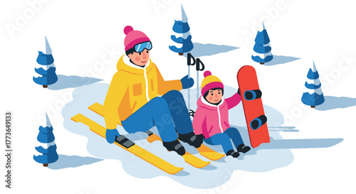 Family winter fun with skis and snowboard in a snowy landscape