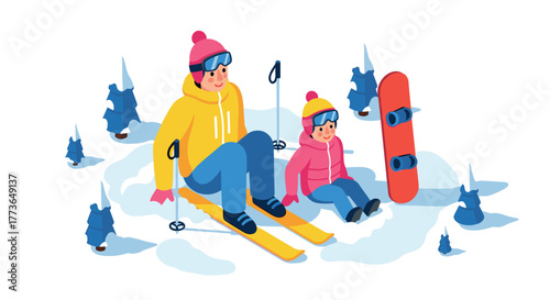 Family winter fun with skiing and snowboarding in isometric style