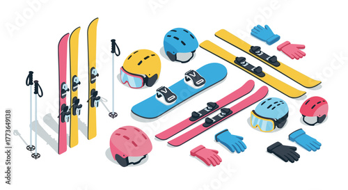 Colorful winter sports equipment in isometric design featuring skis, snowboards, helmets, and gloves