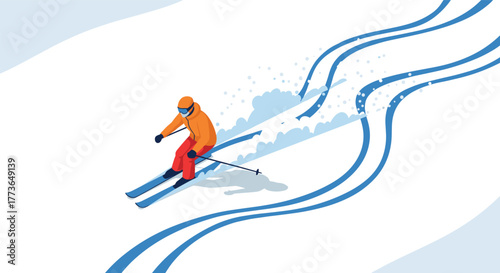 Dynamic skier in action on snowy slope with illustrated tracks