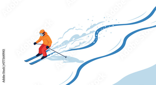 Skier in bright winter gear carving through fresh powder on a sunny day