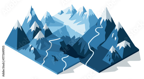 Geometric mountain landscape with snowy peaks and winding paths in blue tones
