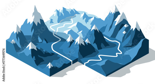 Geometric mountain landscape with snowy peaks and winding river