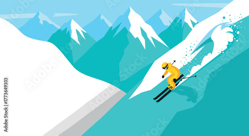 Adventurous skier in bright yellow suit descending snowy mountain slope