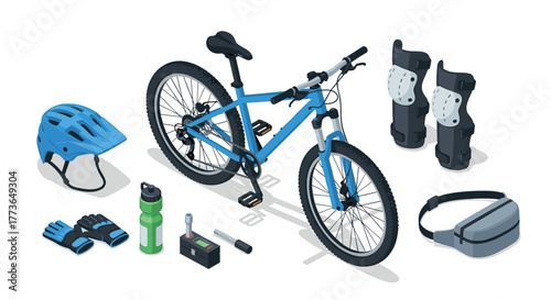 Isometric mountain bike with essential cycling gear on white background