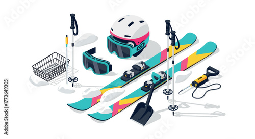 Trendy ski equipment set with helmet and accessories in modern isometric style