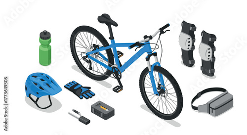 Essential mountain bike gear with accessories and safety equipment in isometric design