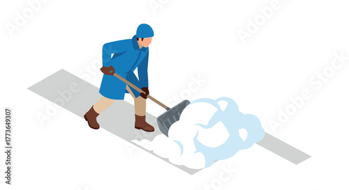 Isometric winter scene person shoveling snow on pathway amidst cold weather