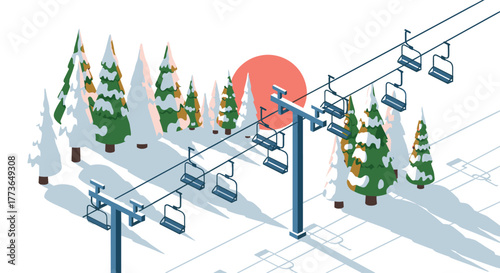 Winter ski resort with snowy trees and sun in isometric design