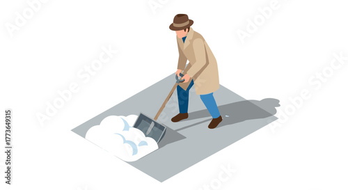 Isometric art of man in winter coat shoveling snow on pavement