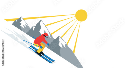 Bold winter sport adventure with skier racing down mountain slope in minimalist style