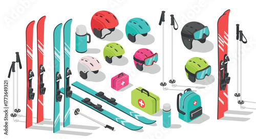 Isometric winter sports equipment set featuring skis, helmets, and accessories