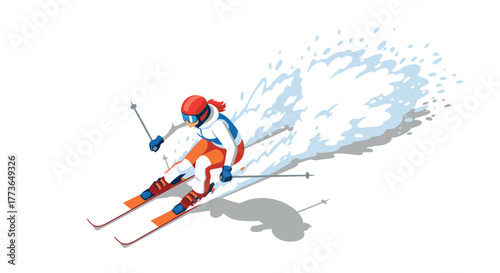 Skiing adventure dynamic isometric design of a skier navigating the slopes with snow trail