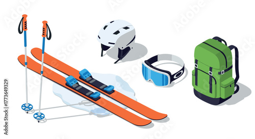 Isometric winter sports gear set with skis and accessories