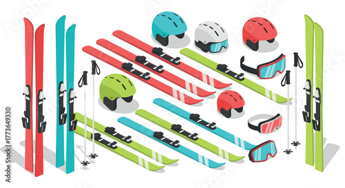 Colorful isometric ski equipment set with helmets, goggles, and poles for winter sports