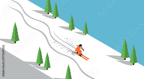 Isometric skiing scene with skier on snowy slope among pine trees in winter