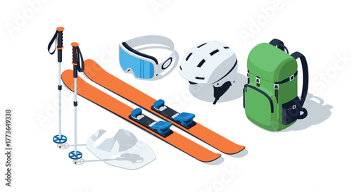 Isometric winter sports gear set with skis, helmet, poles, backpack, and goggles