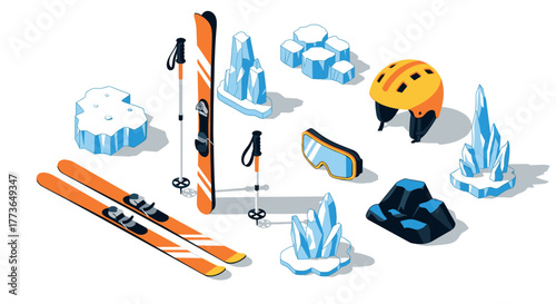 Isometric winter sports equipment and ice formations with skis and helmet