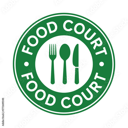 Green food court sign with utensils and text