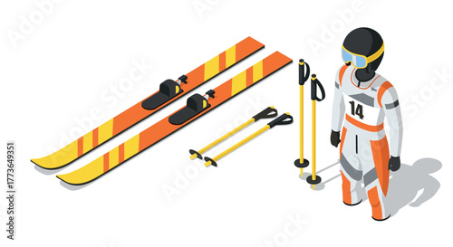 Isometric winter sports gear with skis, poles, and ski suit in vibrant colors