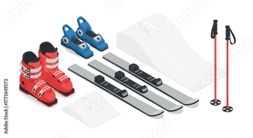 Isometric winter sports equipment with ski boots and poles on white background