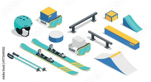 Isometric winter sports equipment and terrain park elements in modern design