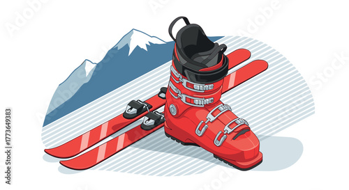 Dynamic winter sports equipment with red ski boot and striking snowy mountain backdrop