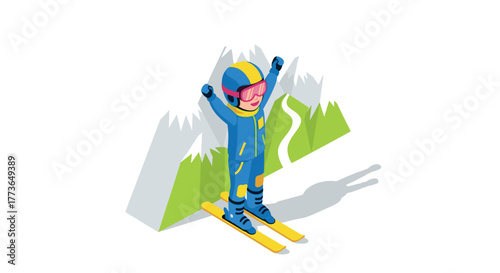 Joyful skier in colorful gear celebrates on snowy mountain background in isometric style