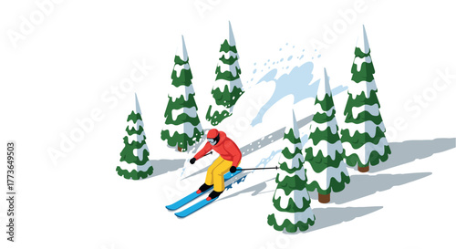 Isometric winter sports adventure skier navigating snowy forest terrain
